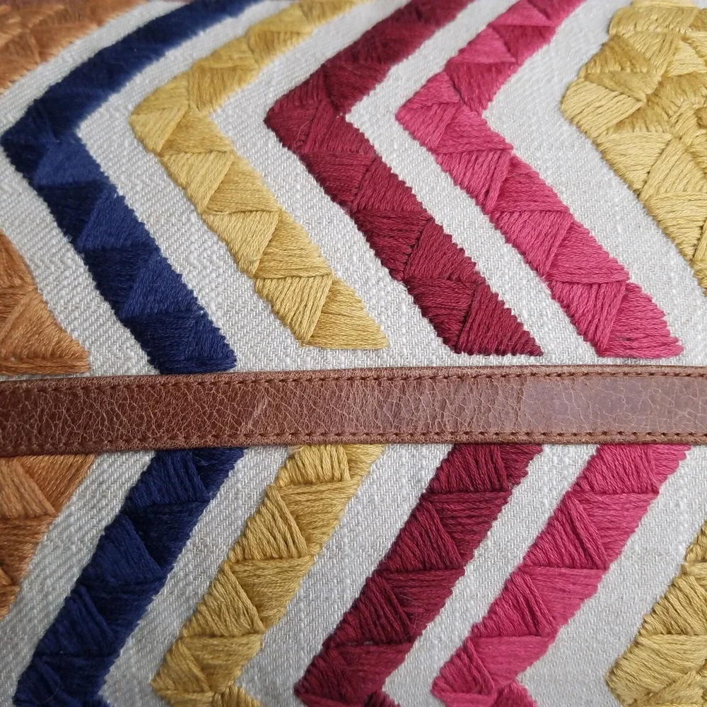 Villa Multicolor Embroidered Leather Applique Lumbar Pillow 15x27 Boho Geometric